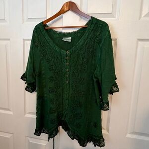 Holy Clothing. New without tags. Emerald Green Lace Trim Blouse. 2x